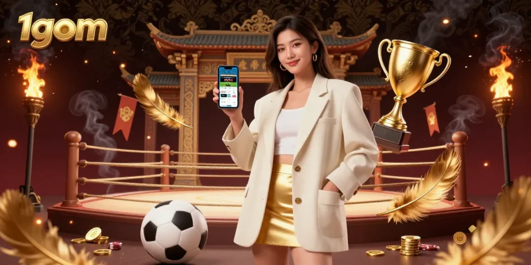 Engage with 1gom's sports betting app, showcased by a stylish Asian woman, surrounded by vibrant gambling elements.