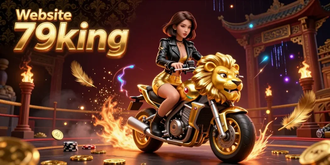 Experience thrilling gameplay at Website 79king, with a dynamic 3D scene featuring a glamorous character riding a golden lion amidst gambling elements.