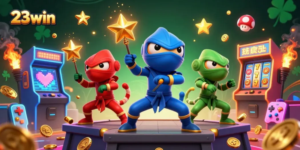 23win showcases a vibrant casino scene with chameleon ninjas and slot games in action.