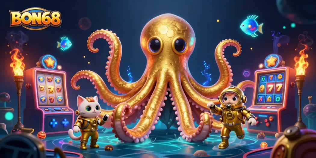 Experience the thrill of BON68 with a captivating casino-themed illustration featuring a kraken and a diving cat.