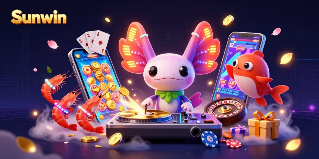 Experience excitement with Sunwin slot games as neon characters groove amidst casino elements.