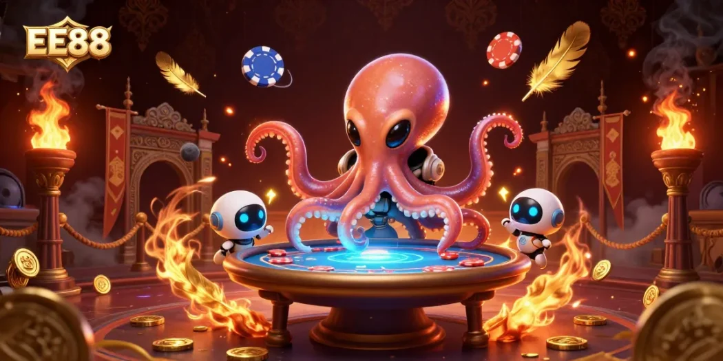 Experience thrilling casino action with EE88's dynamic alien octopus and robot at a holographic poker table.