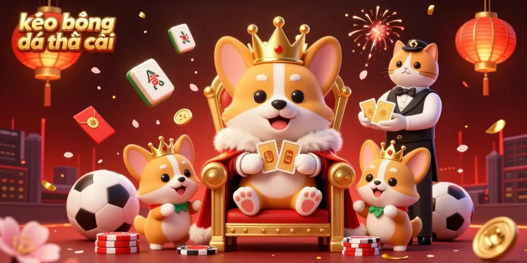 Kèo bóng đá nhà cái showcases lively sports-themed betting scene with corgis and festive decorations.