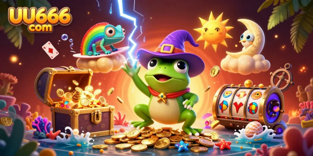 Experience the excitement of winning with UU666 com in this dynamic, colorful casino-themed illustration.