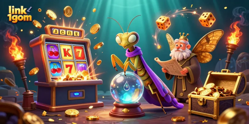 Experience the thrill of link 1gom with a vibrant and dynamic casino scene featuring a fortune teller and ancient scrolls.