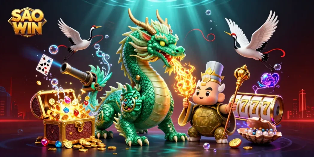 Spark your winning streak at SAO WIN with an energetic dragon, turtles, and flying cranes.