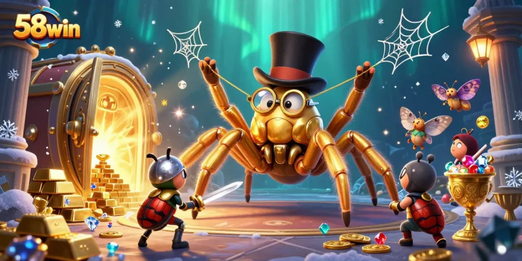 Engage with 58win's thrilling casino adventure featuring a golden tarantula, knight, and treasure elements.