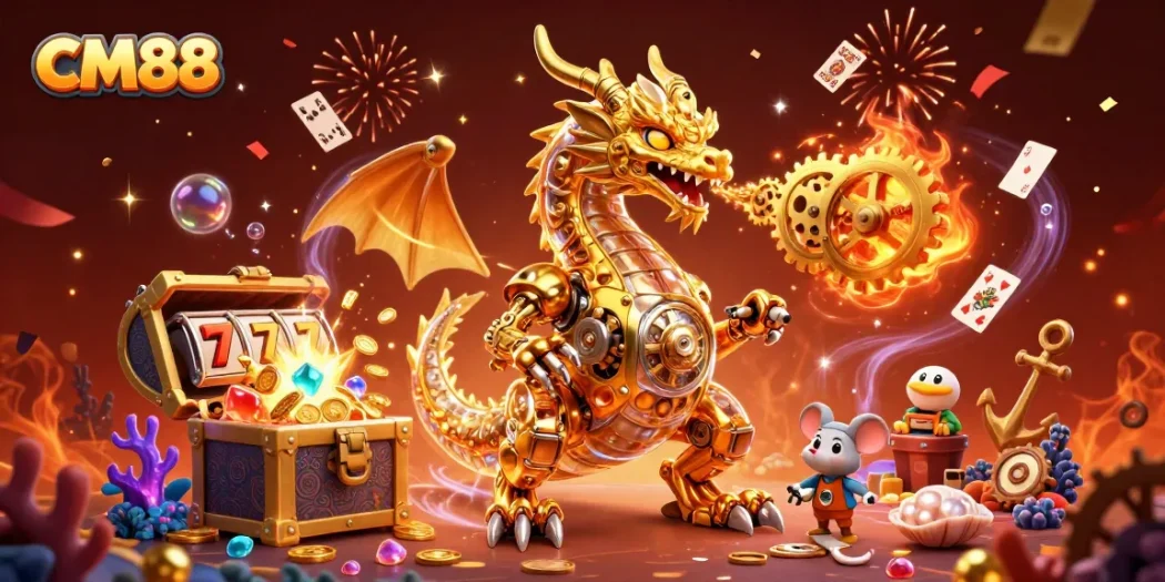 Engage with CM88's vibrant dragon gameplay while spinning slot reels in a treasure-filled scene.