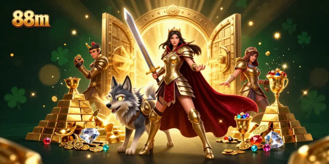 88m offers an exciting 3D illustration showcasing a warrior queen and treasure in a stunning casino scene.