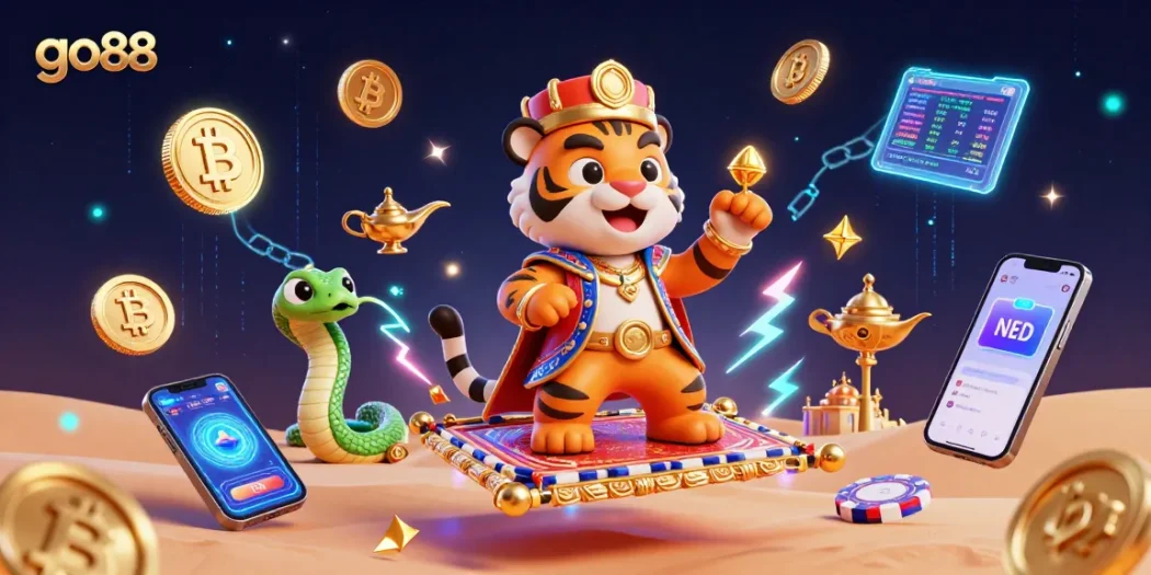 Go88 players engage with a vibrant 3D casino world filled with immersive game elements, from crypto coins to night skies.