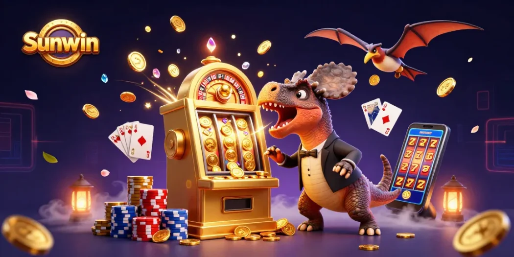 Sunwin brings excitement with a pachycephalosaurus winning jackpots and coins in a vibrant casino setting.