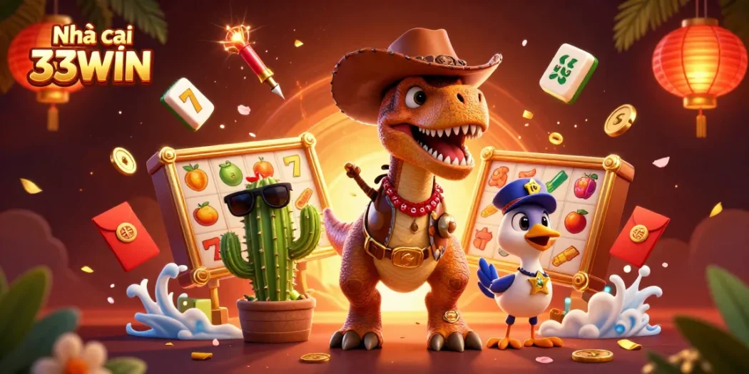 Engage with Nhà cái 33WIN in a vibrant slot game scene featuring fun characters and jackpot excitement.