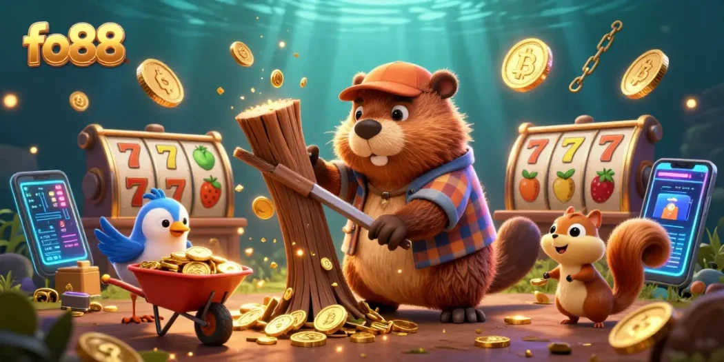 Spin the reels and win big with fo88's vibrant jackpot scene, featuring a beaver and friends!