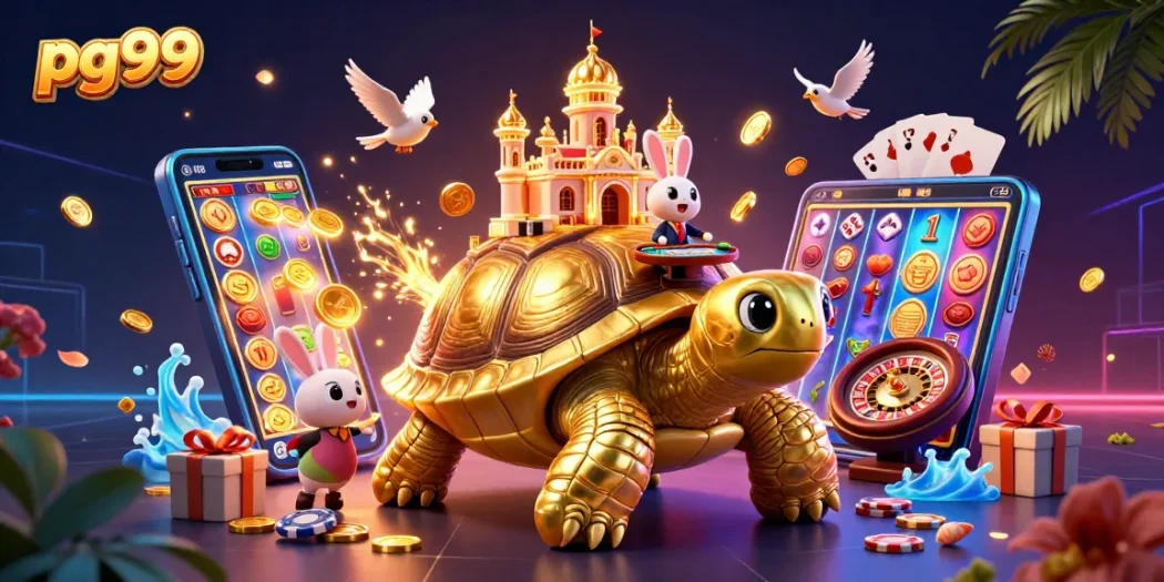 Experience the thrill of pg99 with a giant tortoise casino and a rabbit dealer in a vibrant 3D scene.