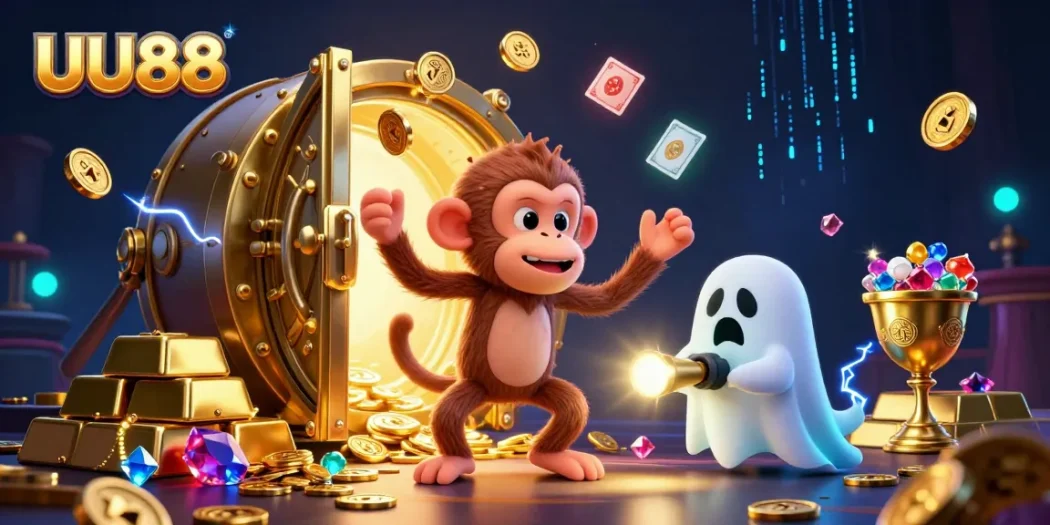 Experience the lively atmosphere of UU88 with a playful poltergeist monkey and a curious puppy in a vibrant casino.