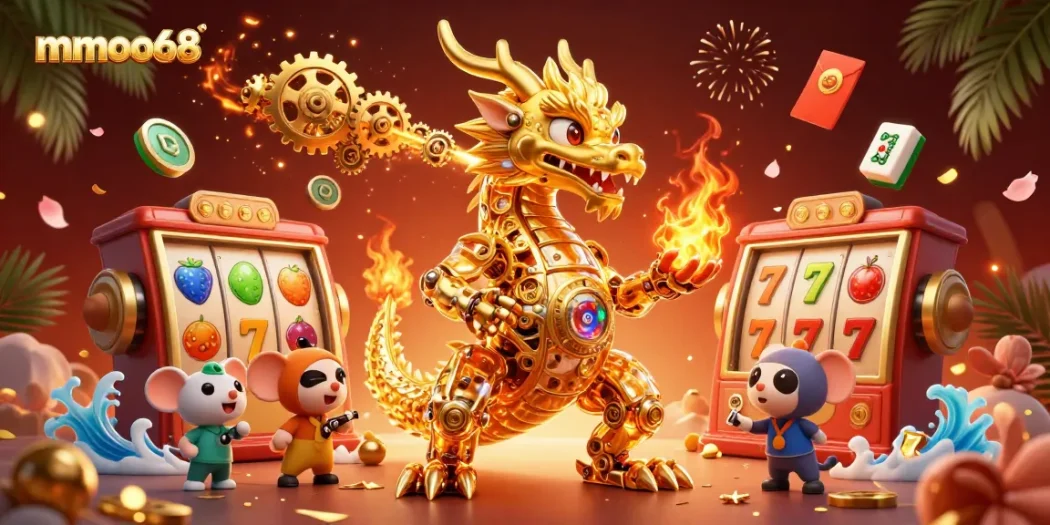 Engage with exciting slots at mmoo68 featuring a golden dragon breathing gears amidst rich casino elements.