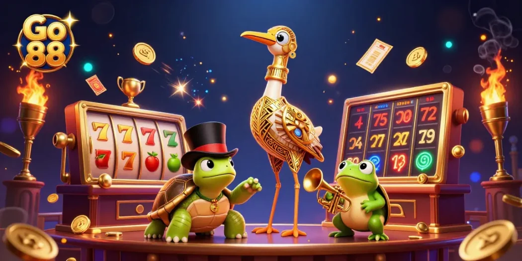 Experience thrilling slots at Go 88 with vibrant characters and dynamic game elements in an exciting 3D scene.