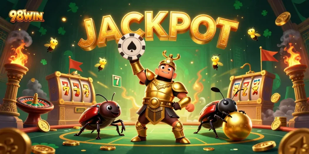 Engage with thrilling 98WIN casino games showcased by dynamic characters and vibrant visuals.