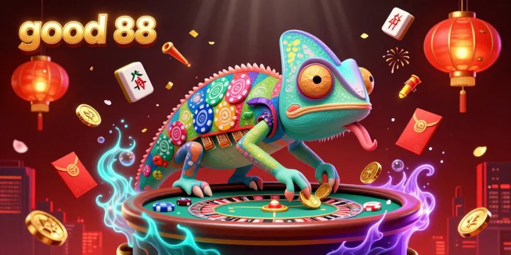 Engage with good 88 in this vibrant scene featuring a chameleon casino owner amid colorful gambling elements.