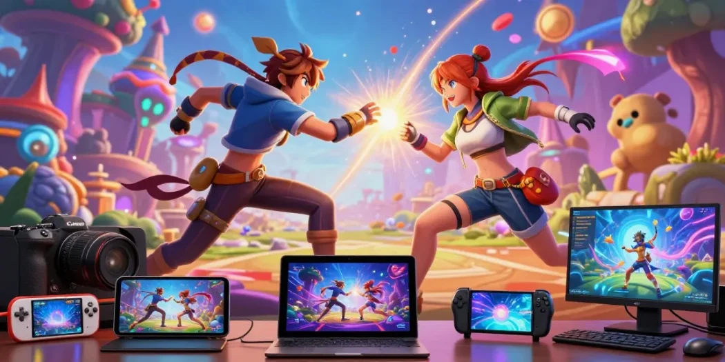 Dynamic scene of two characters engaged in action showcasing online ecchi games with vibrant fantasy elements.