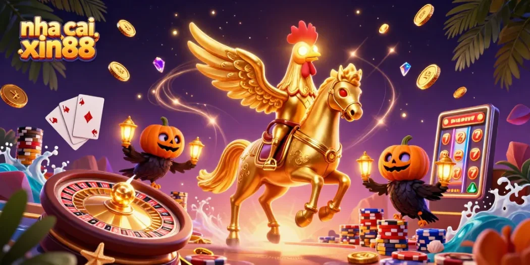 Engage with thrilling games at nha cai xin88 with a vibrant casino scene featuring dynamic characters, coins, and action elements.