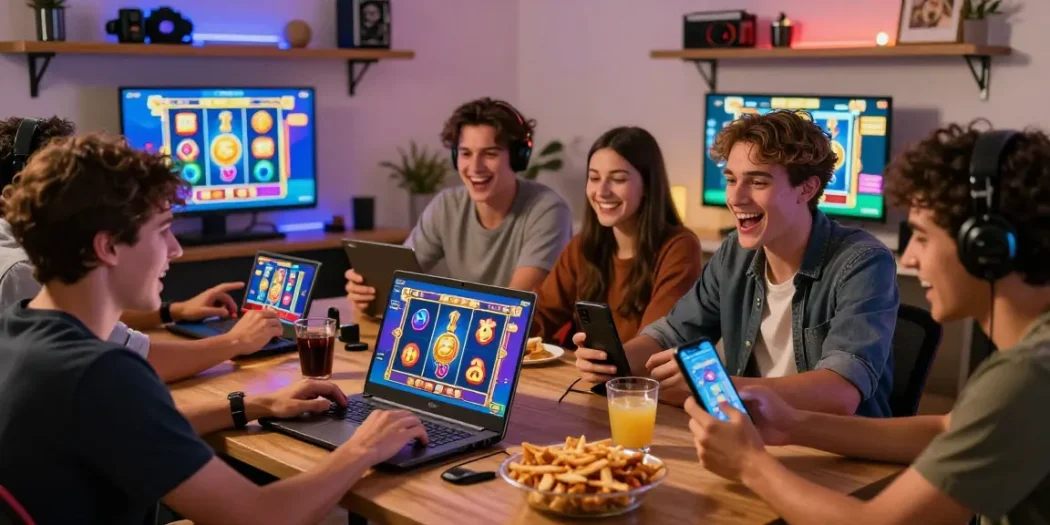 situs slot deposit 10 ribu friends enjoying online slot games in modern home setting