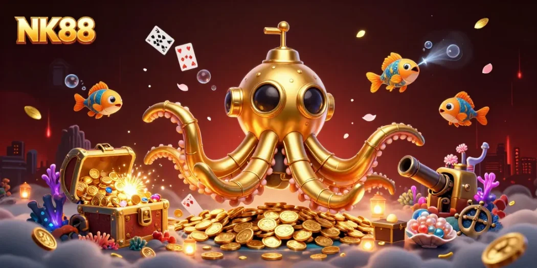 Experience thrilling gameplay at NK88 with a vibrant scene of coins and treasure surrounding a whimsical kraken.
