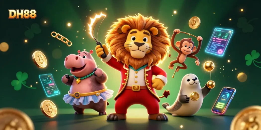 Experience thrilling betting action with DH88's vibrant casino scene featuring animated characters.