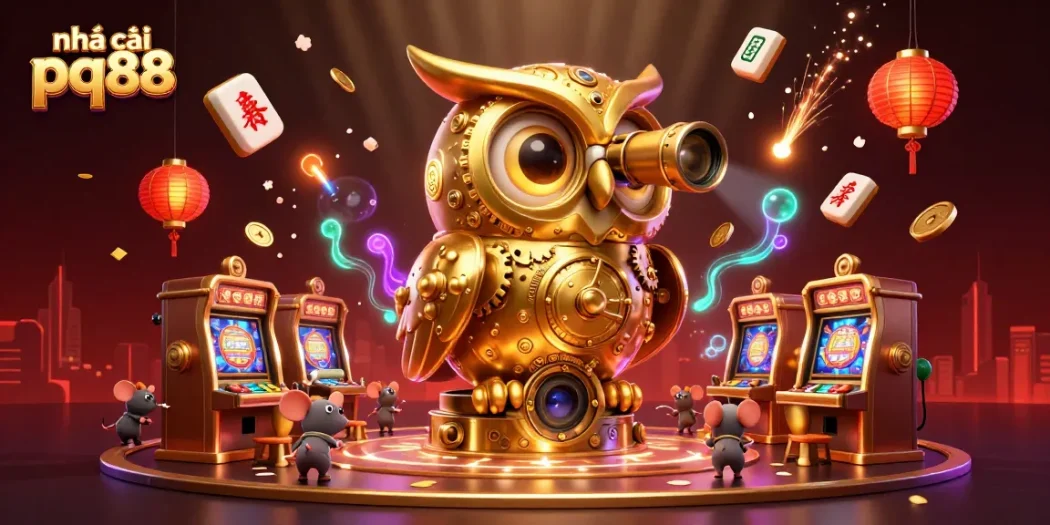 Experience the vibrant world of nhà cái pq88 with a lively casino scene featuring a golden owl and animated mice.