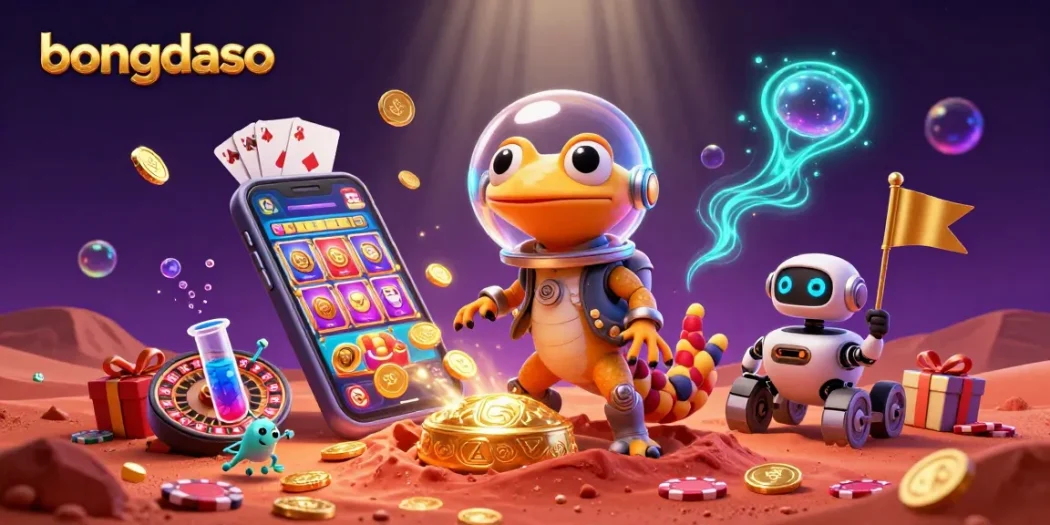 Bongdaso engages in casino discovery with a Martian gecko and robot amidst colorful slot games and gold.