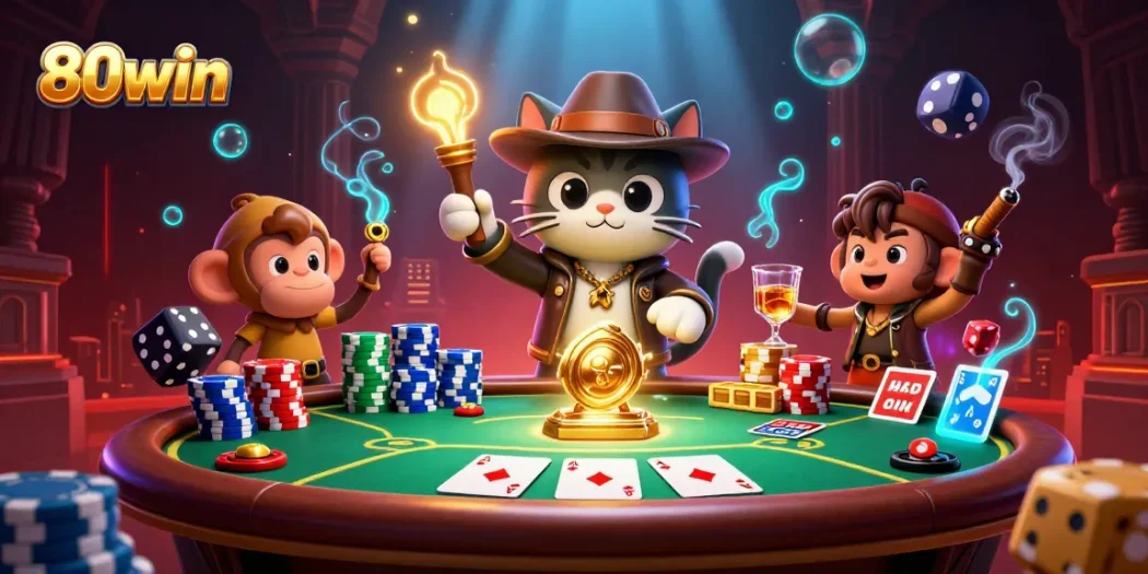 Experience thrilling action at 80win with an illustrated explorer and casino elements.