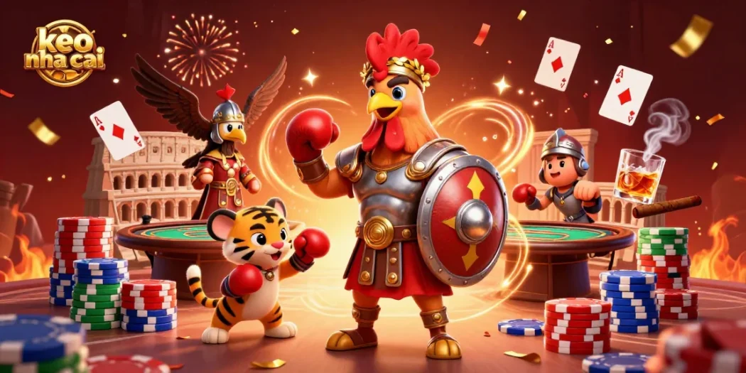 Bet on keo nha cai with vibrant poker chip towers and characters in action.