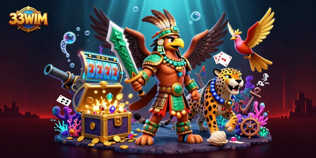 Experience thrilling wins with 33WIM in this vibrant 3D casino illustration showcasing dynamic gaming elements.