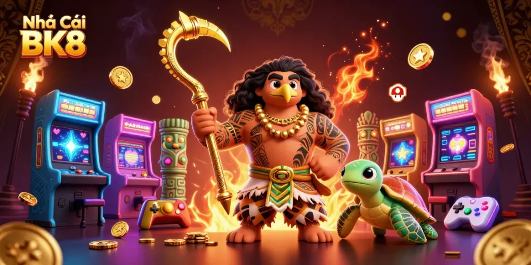 Engage in thrilling games with Nhà Cái BK8’s vibrant 3D illustration featuring a demigod and exciting casino elements.