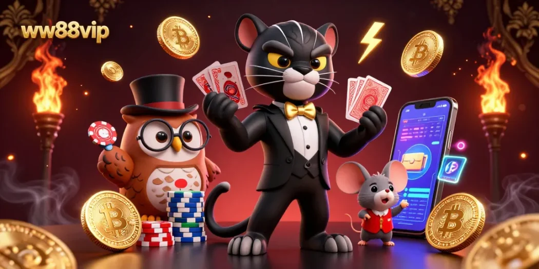 Engage with strategic gameplay at ww88vip featuring lively characters interacting around poker and crypto elements.