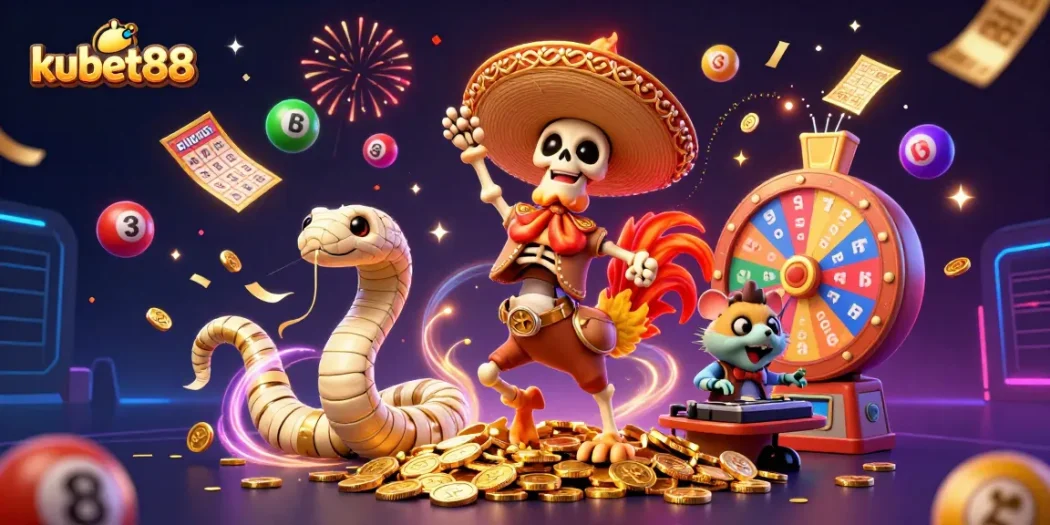 Experience thrilling wins at kubet88 with vibrant lottery elements and celebratory characters.