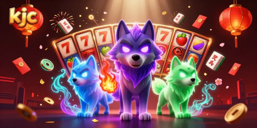 KJC players enjoy thrilling slot games highlighted by spectral wolves and vibrant casino elements.