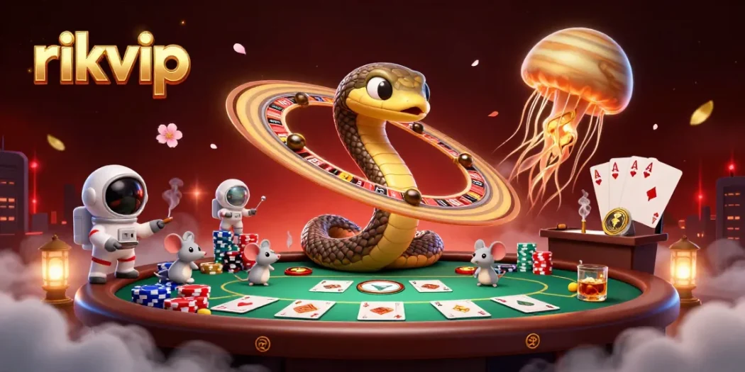 Play thrilling games on rikvip's platform where cosmic dealers and astronaut mice create a fun gambling atmosphere.