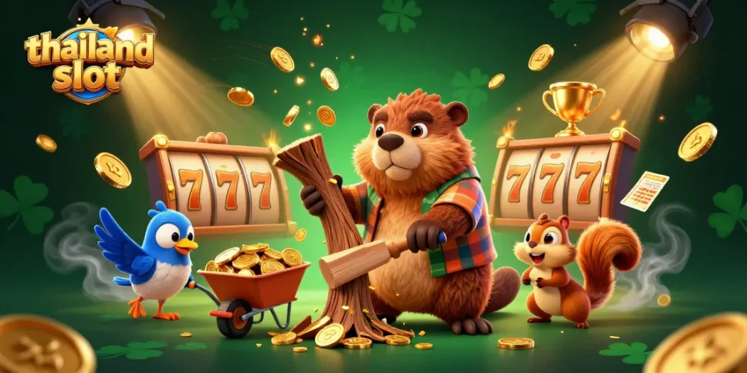 Experience thailand slot action with a beaver and friends collecting coins in a vibrant slot scene.