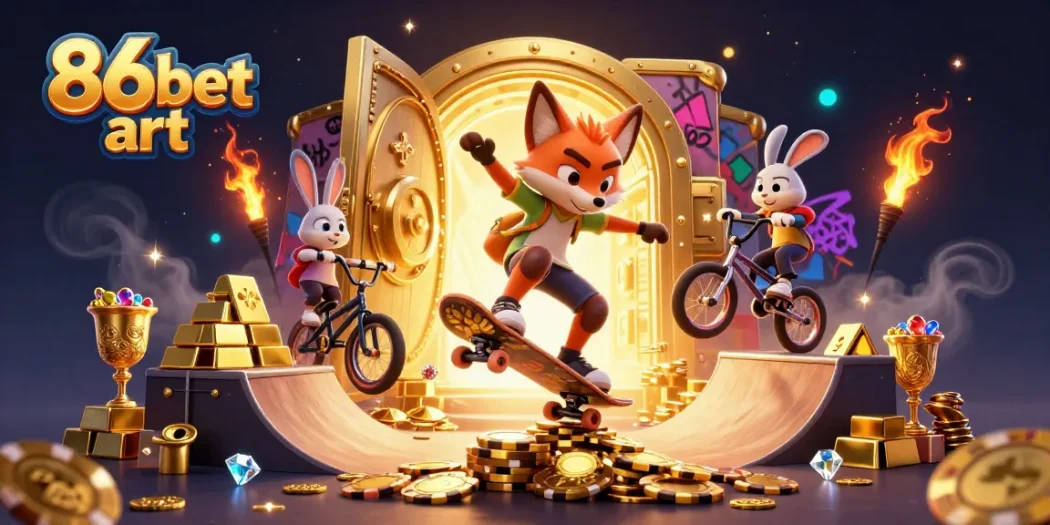 Engage in exciting gaming at 86bet art, featuring a vibrant 3D scene with casino symbols and characters.