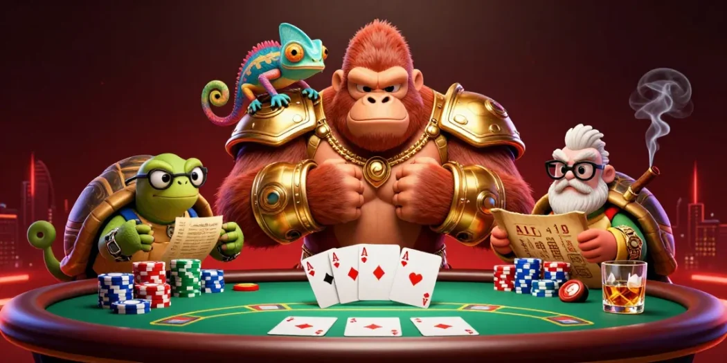 Experience thrilling gaming action with AO88 at a vibrant poker table in this dynamic illustration.