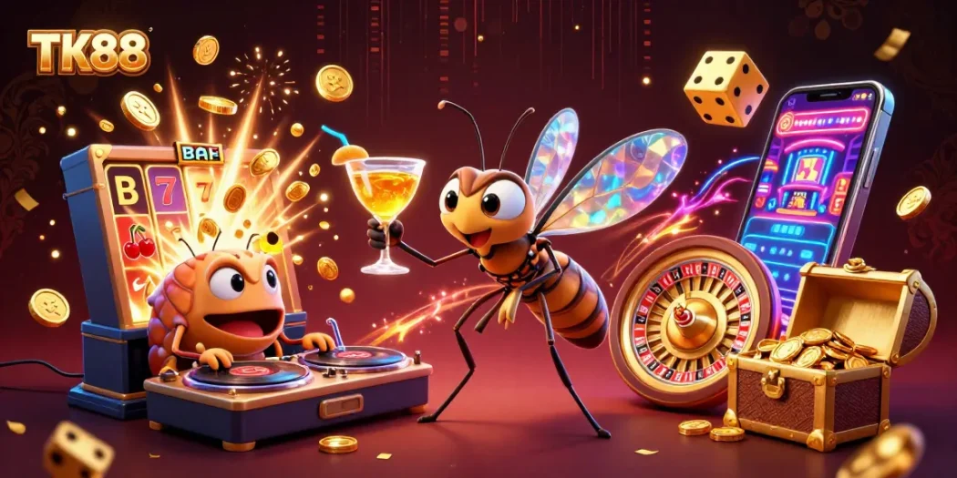 Exciting casino action with TK88 showing a winning frozen mosquito mascot, vibrant slot machine, and golden roulette.