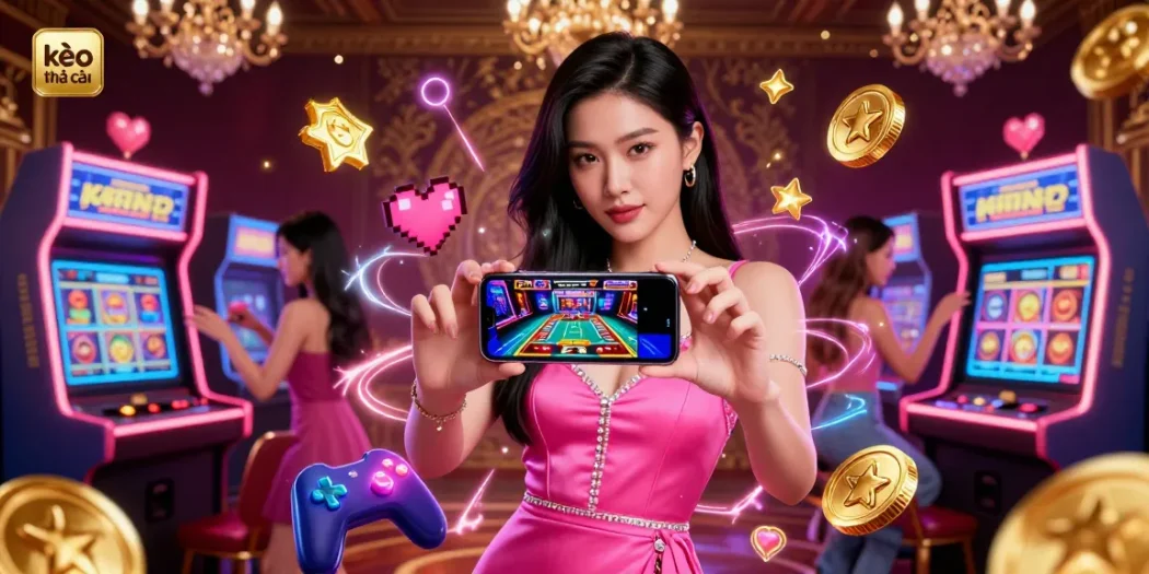 Experience thrilling kèo nhà cái with a stunning Asian woman showcasing live dealer games on her smartphone, surrounded by dynamic gaming elements.
