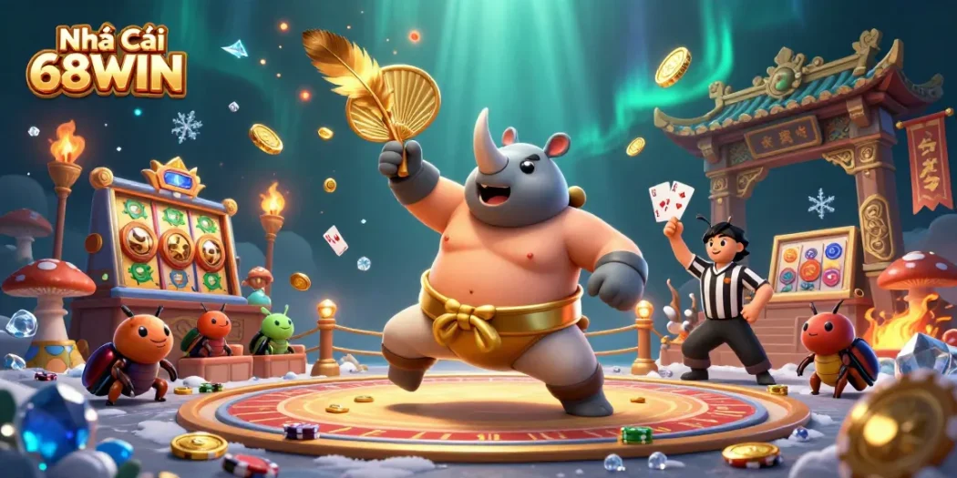 Experience the excitement of Nhà Cái 68WIN as a sumo champion beetle wins big, surrounded by casino elements.