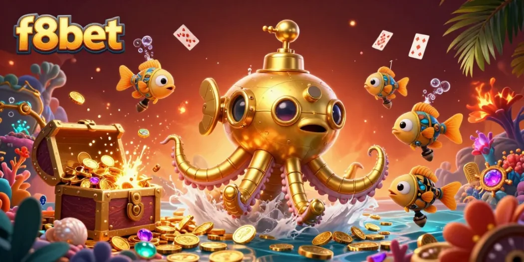 Engage with f8bet's vibrant underwater scene featuring a golden kraken and mechanical fish amidst a treasure of gold coins.