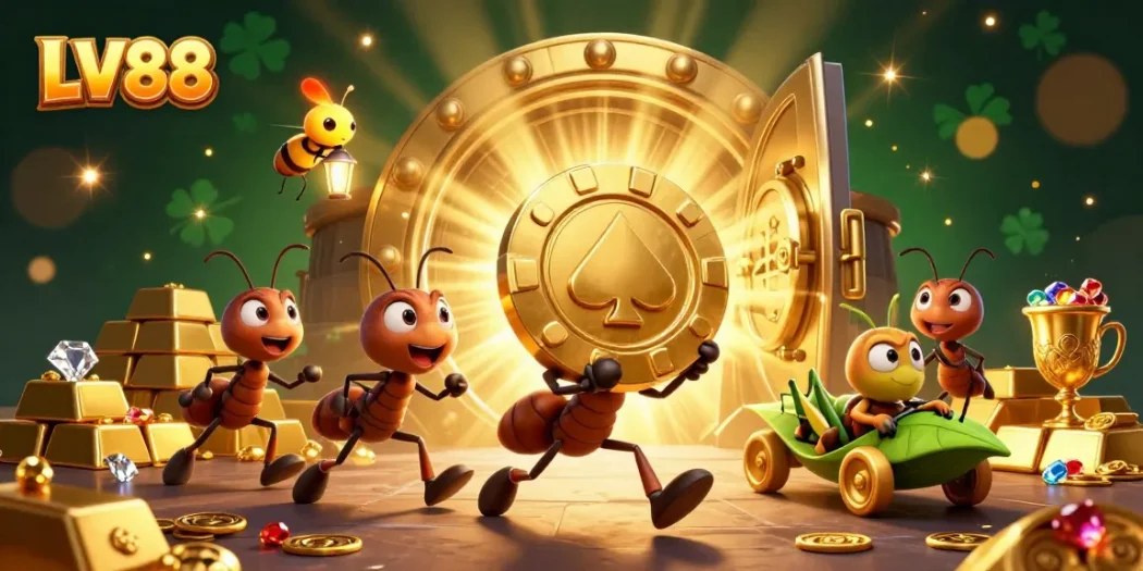 Engaging ants in a heist carrying a giant poker chip at LV88 with gold bars and jewels around.