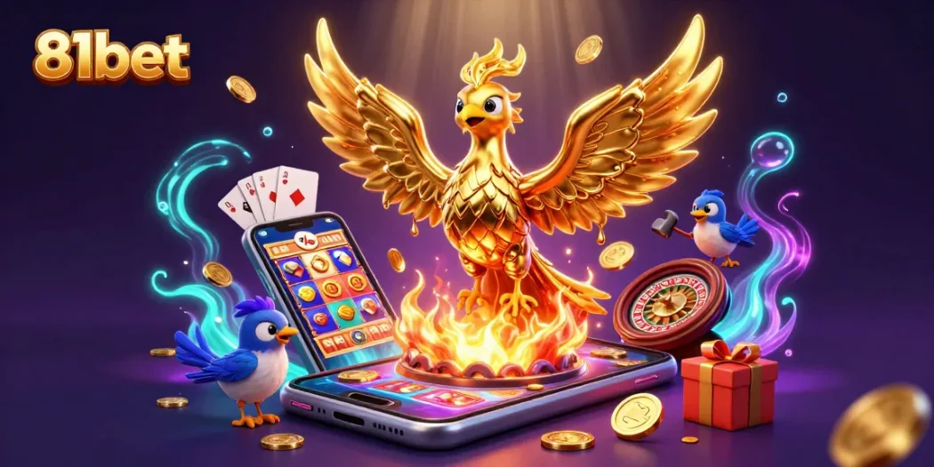 Experience the excitement of 81bet with dynamic games and golden winnings soaring in a vibrant casino scene.