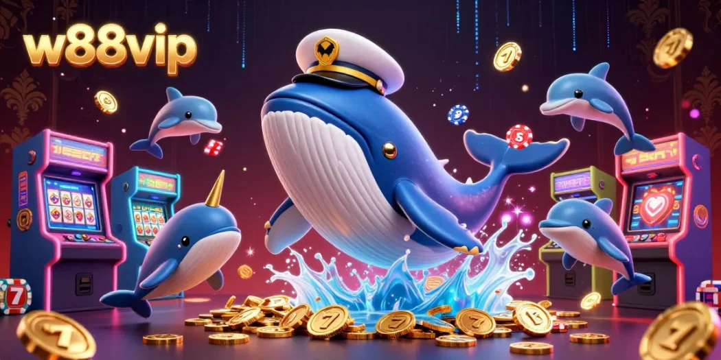 Experience thrilling gameplay with the W88vip casino's vibrant 3D illustration featuring exciting gaming characters and elements