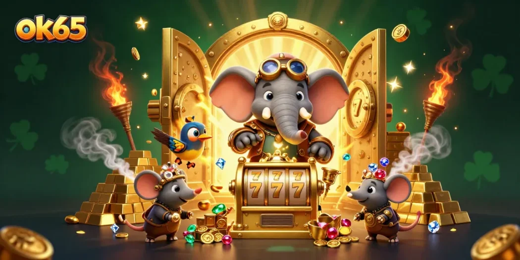 Spin to win in the vibrant casino realm of ok65 with a steampunk elephant and lavish treasures