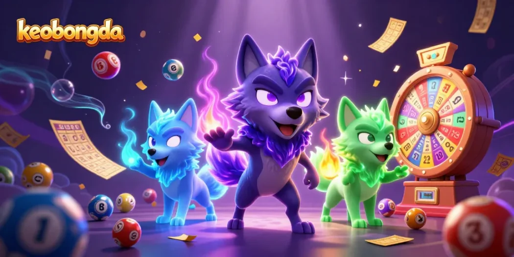 Bet on keobongda with vibrant lottery elements and energetic wolf characters in a dynamic casino scene.
